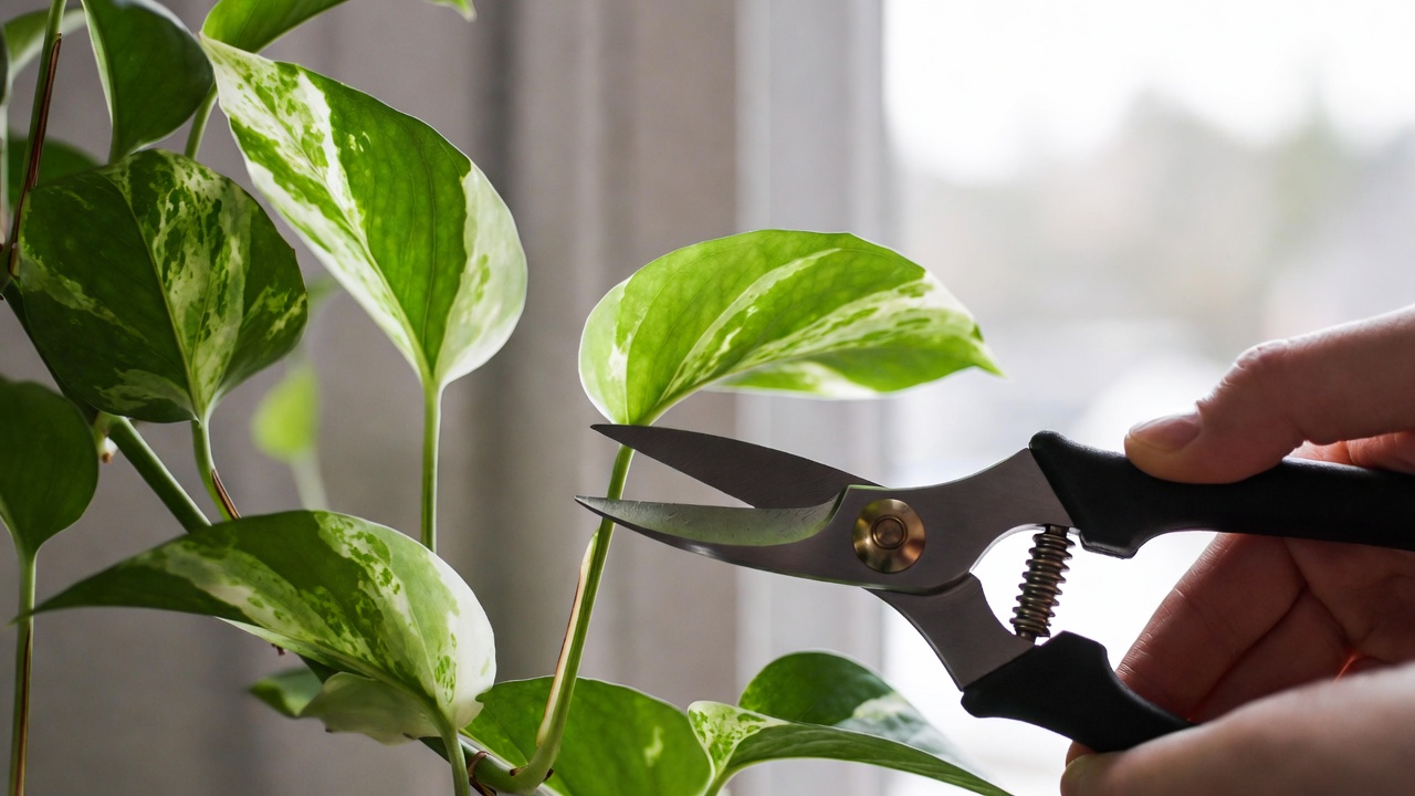 Pruning pothos snow queen vine above leaf node for fuller growth