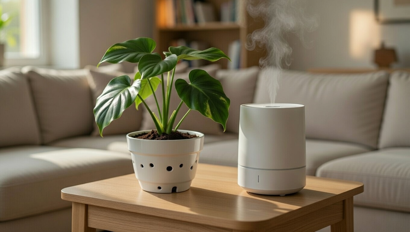 Philodendron green plant next to humidifier indoors