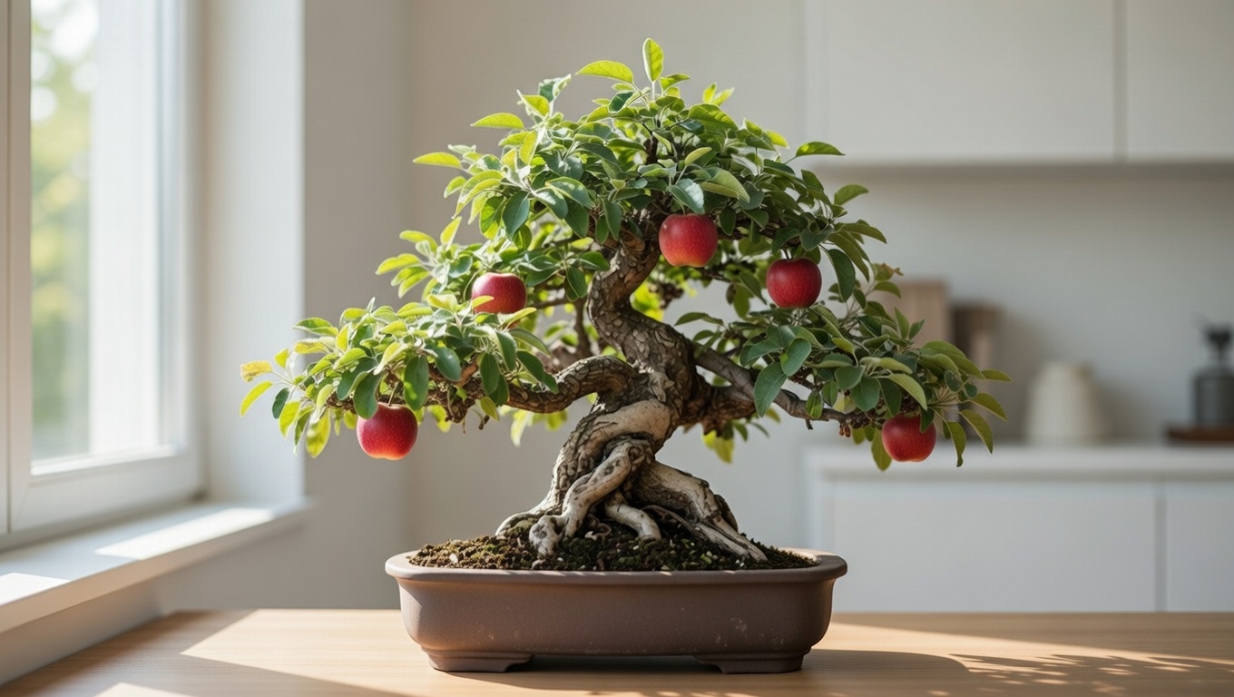 Mature bonsai apple tree growing indoors with small red apples in a shallow ceramic pot