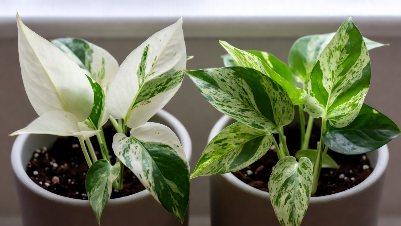 Pothos snow queen compared to marble queen pothos showing variegation differences