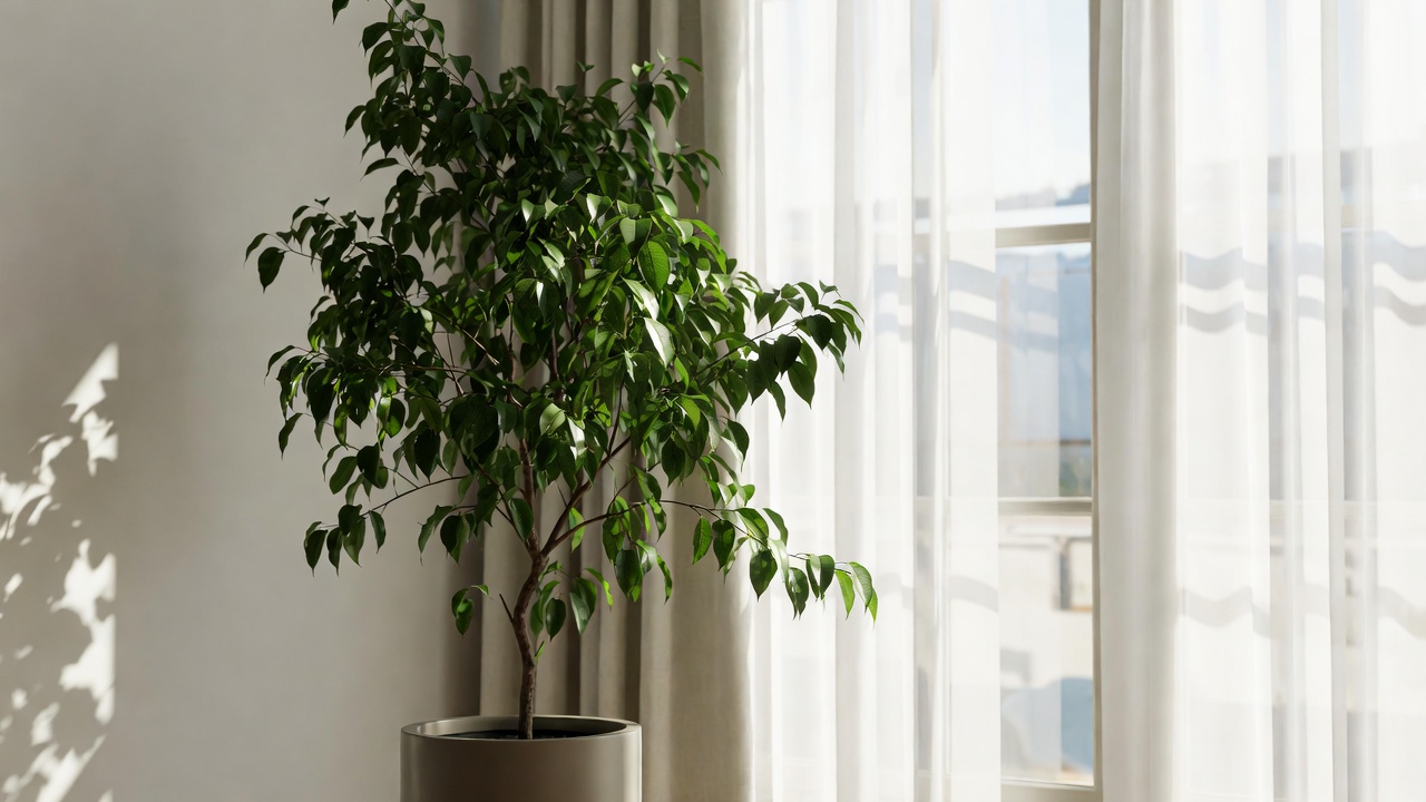 Green island ficus placed near a bright window with indirect sunlight indoors