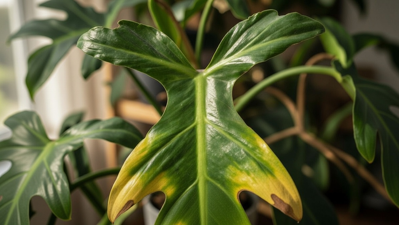 Philodendron Green Congo with yellowing lower leaves caused by overwatering