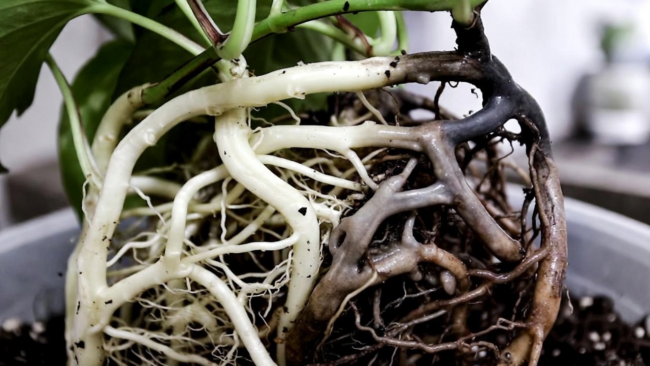 Healthy roots and root rot comparison on pothos snow queen plant