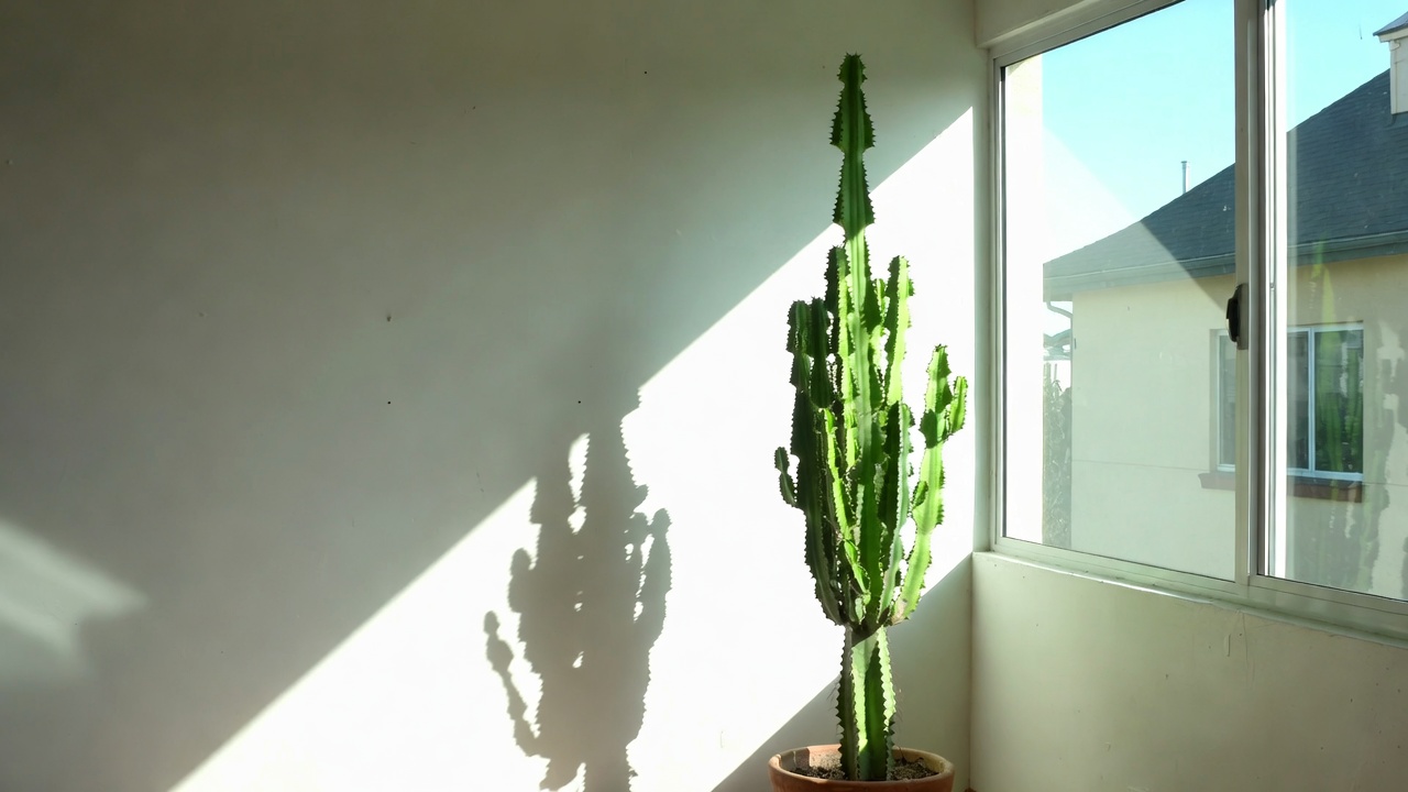 Spiral cactus placed near bright south-facing window receiving direct sunlight indoors.