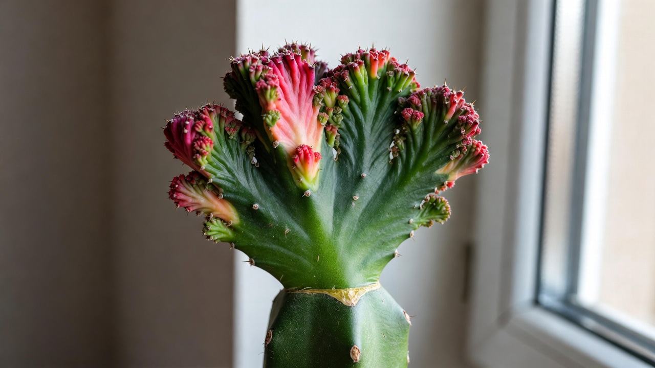 Close-up of coral cactus showing grafted Euphorbia lactea crest and rootstock indoors