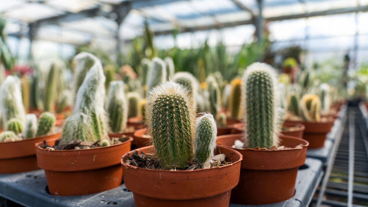 Healthy cuddly cactus plants displayed in garden center nursery