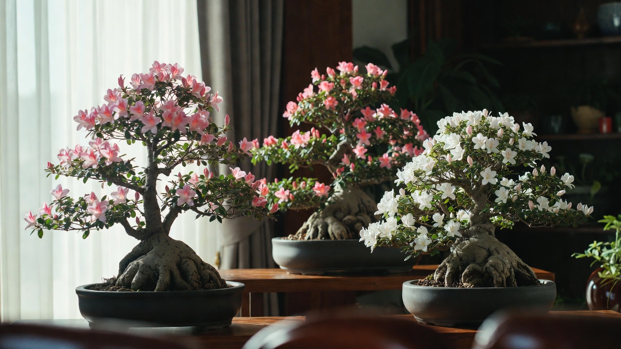 Different azalea bonsai styles including informal upright and cascade forms