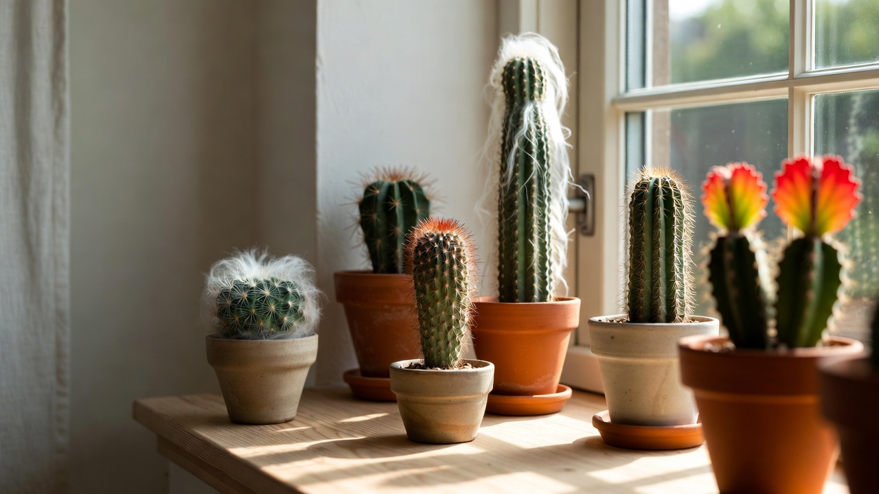 Collection of cuddly cactus varieties in modern indoor pots on a bright windowsill