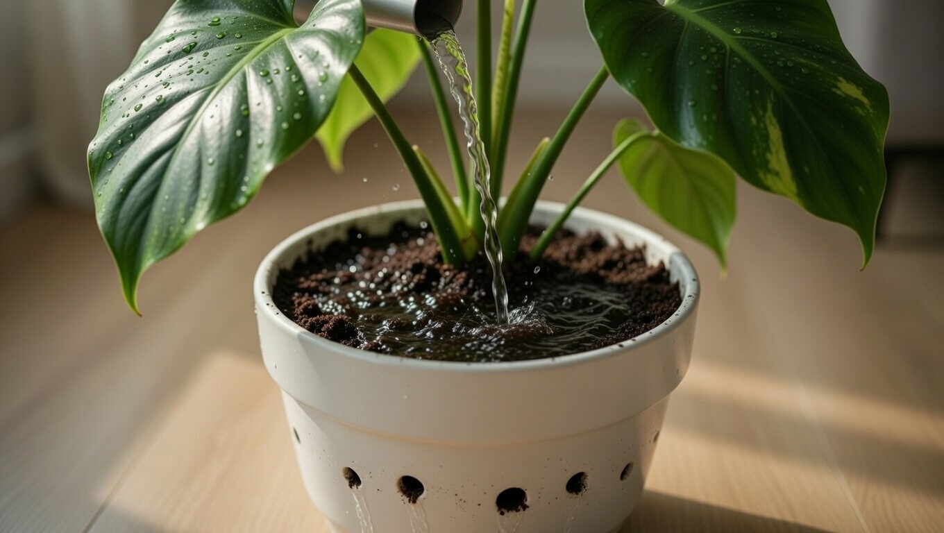 Water draining from philodendron green pot during proper watering