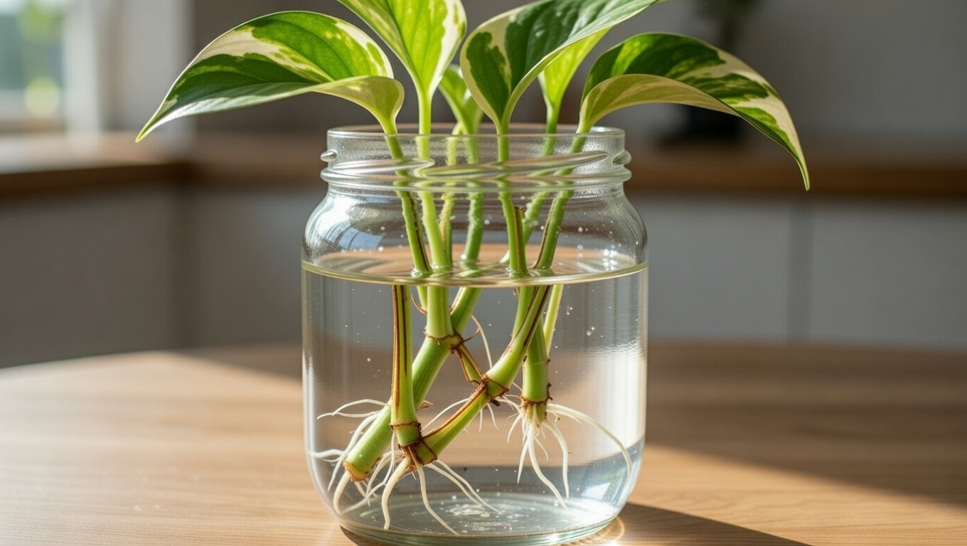 N Joy Pothos stem cuttings propagating in water with visible roots