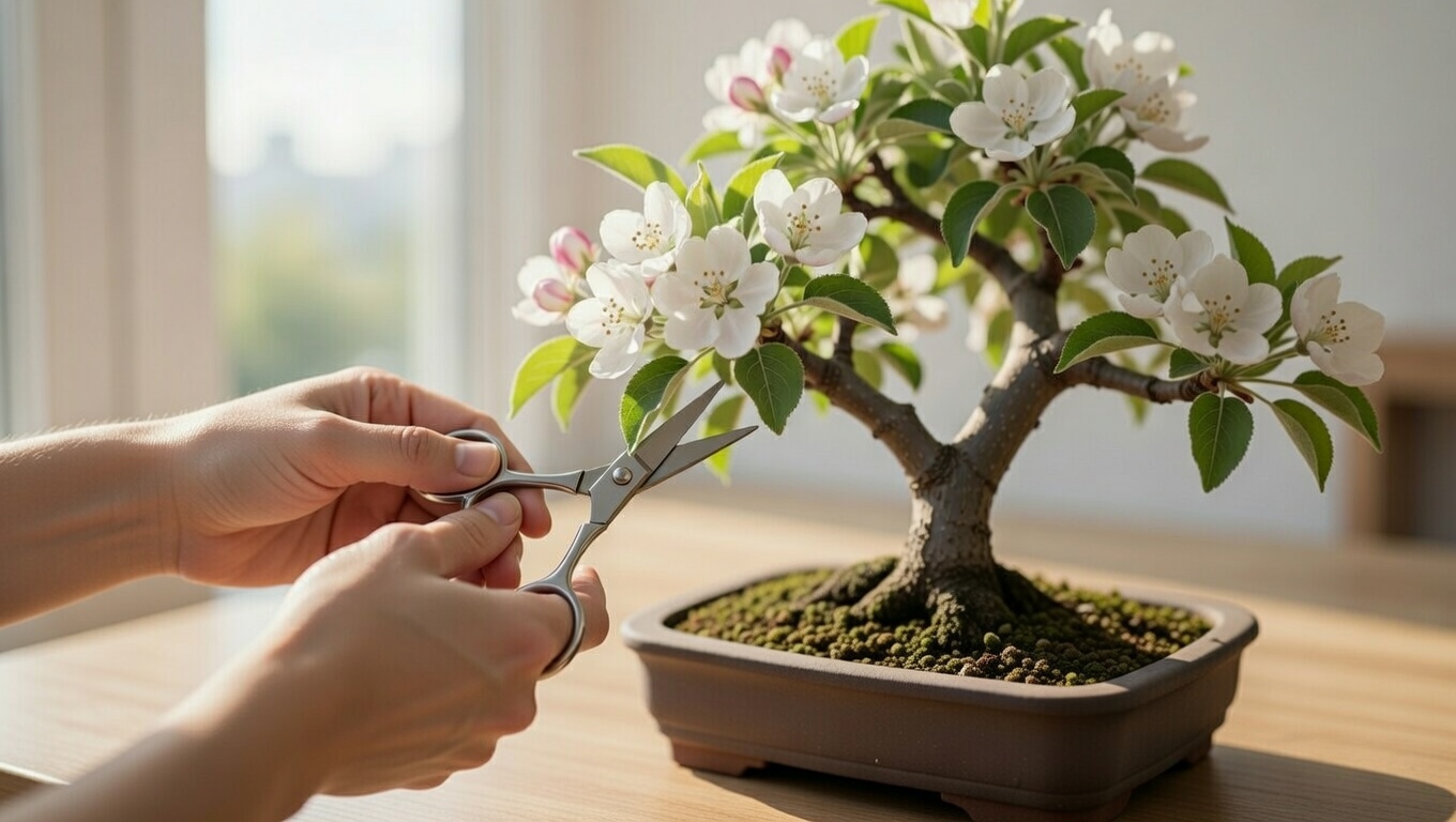 Pruning a bonsai apple tree branch with bonsai scissors indoors