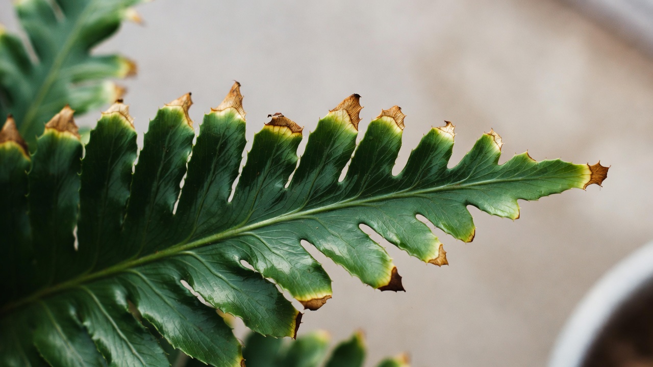Brown tips on crocodile fern leaf due to low humidity