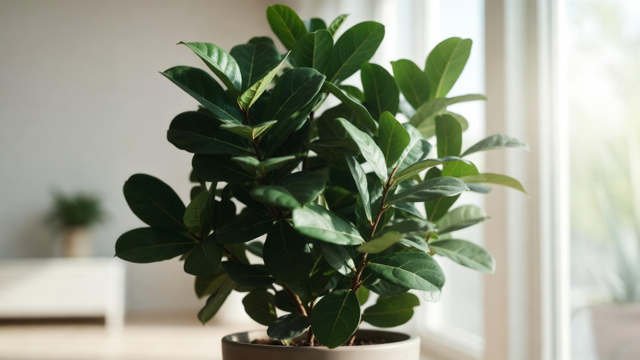 Mature green island ficus plant with glossy compact foliage in a modern indoor setting