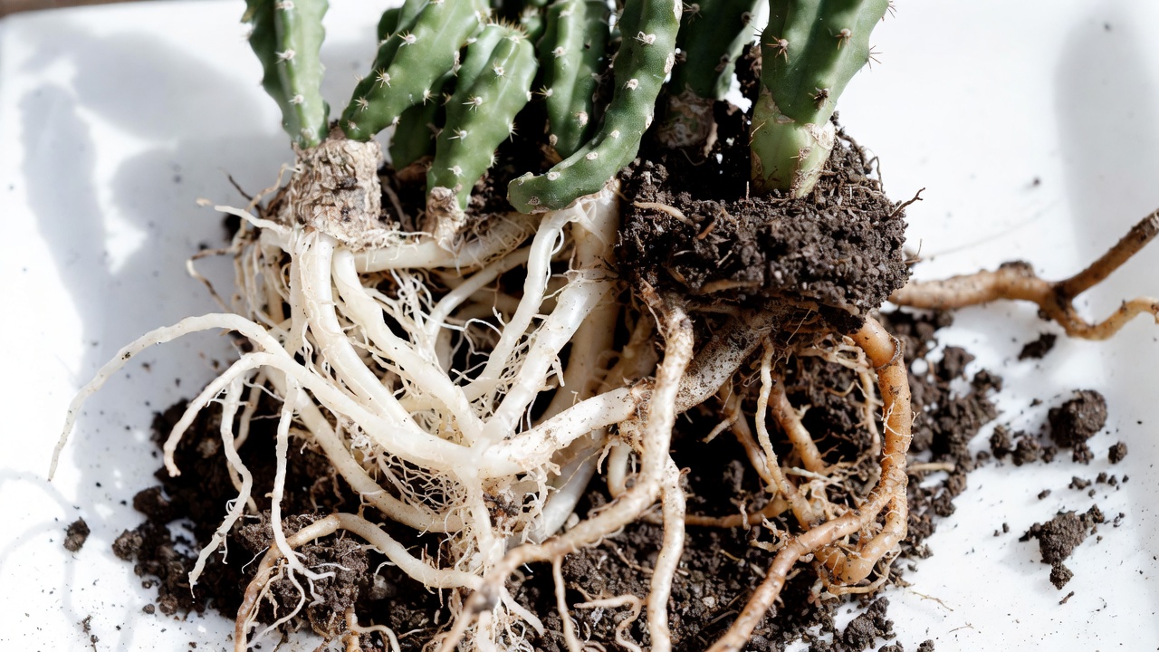 Spiral cactus roots showing early signs of root rot compared to healthy roots.