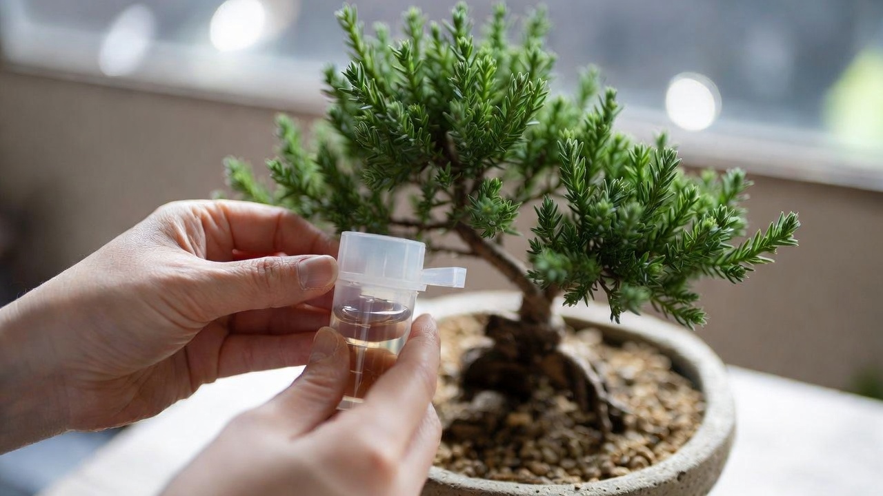 Applying diluted liquid bonsai fertilizer to indoor bonsai tree