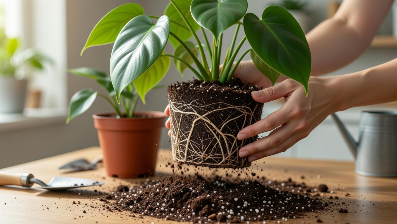 Repotting Philodendron Green Congo into fresh well-draining soil mix