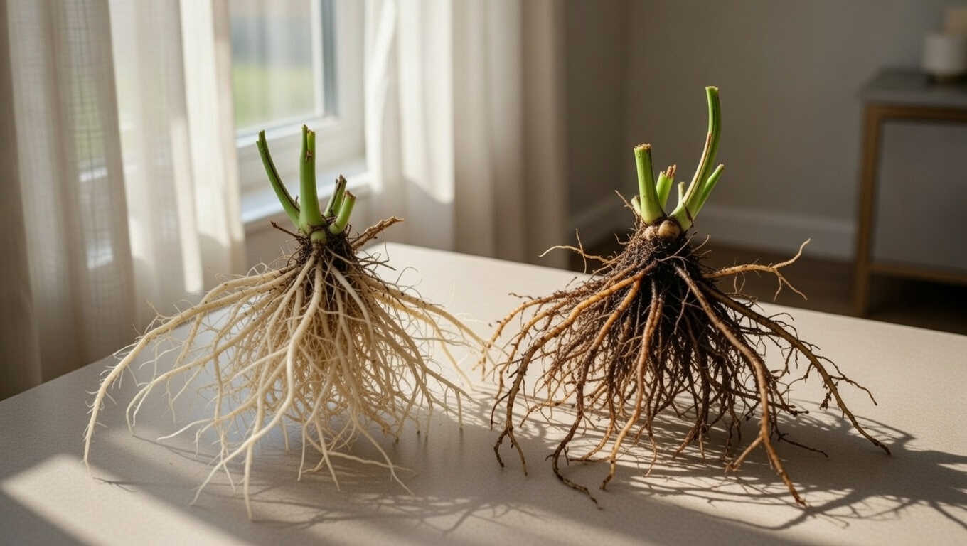 Healthy white pothos roots compared to brown root rot roots