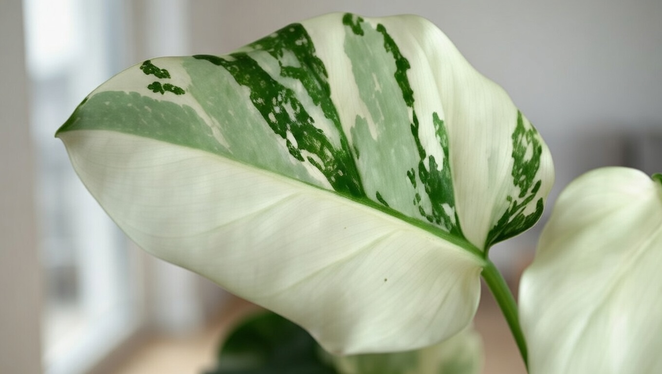 Close-up of White Princess Philodendron leaf showing white and green variegation pattern