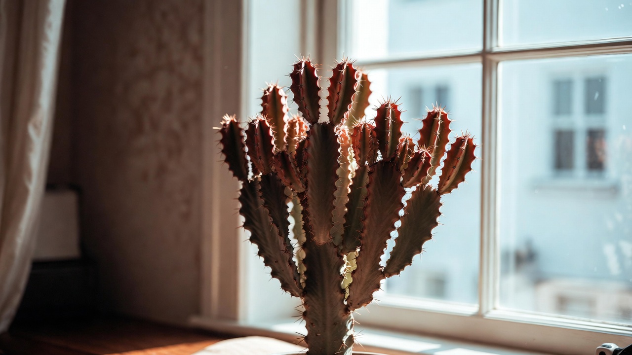 Coral cactus positioned near bright winter window light indoors