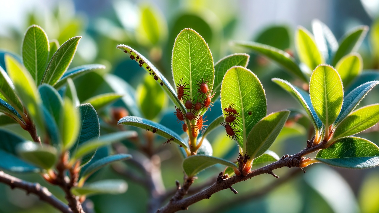 Spider mites and scale insects on bonsai in a pot leaves