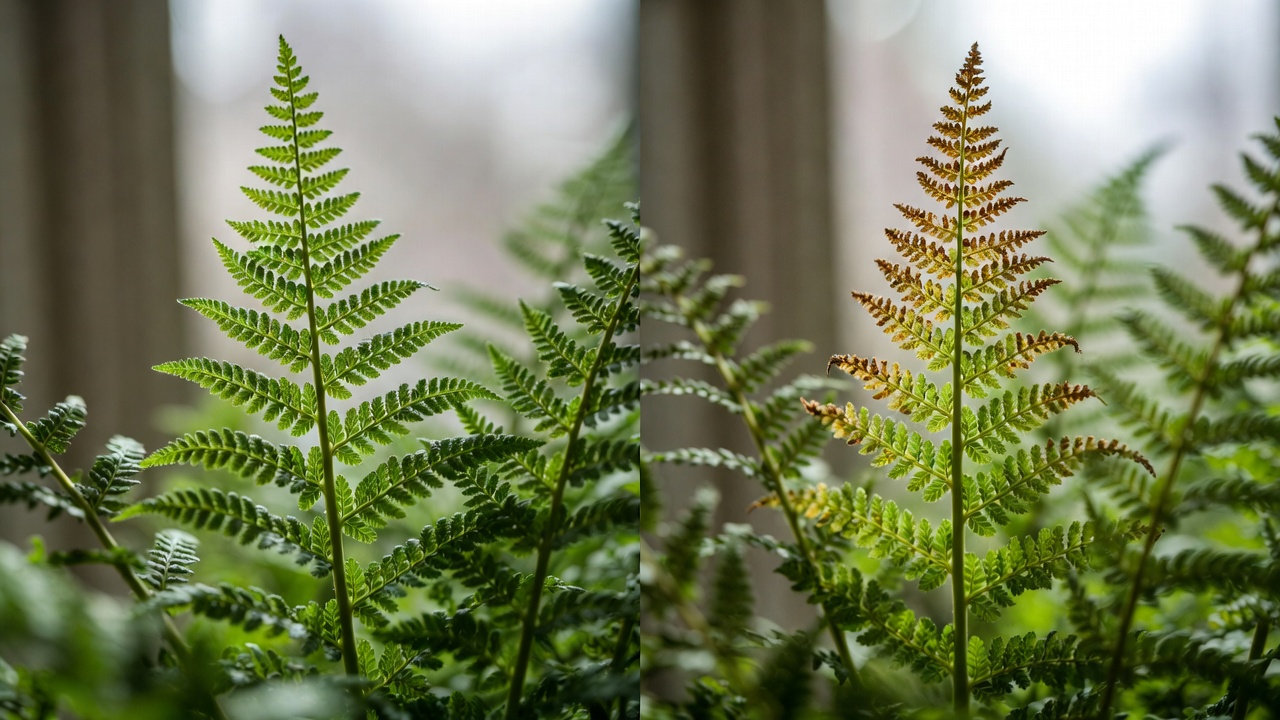 Healthy and browning Fern Coppedge fronds showing care issues
