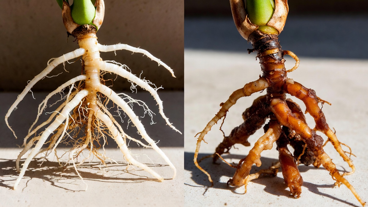 Healthy white roots vs root rot in White Princess Philodendron