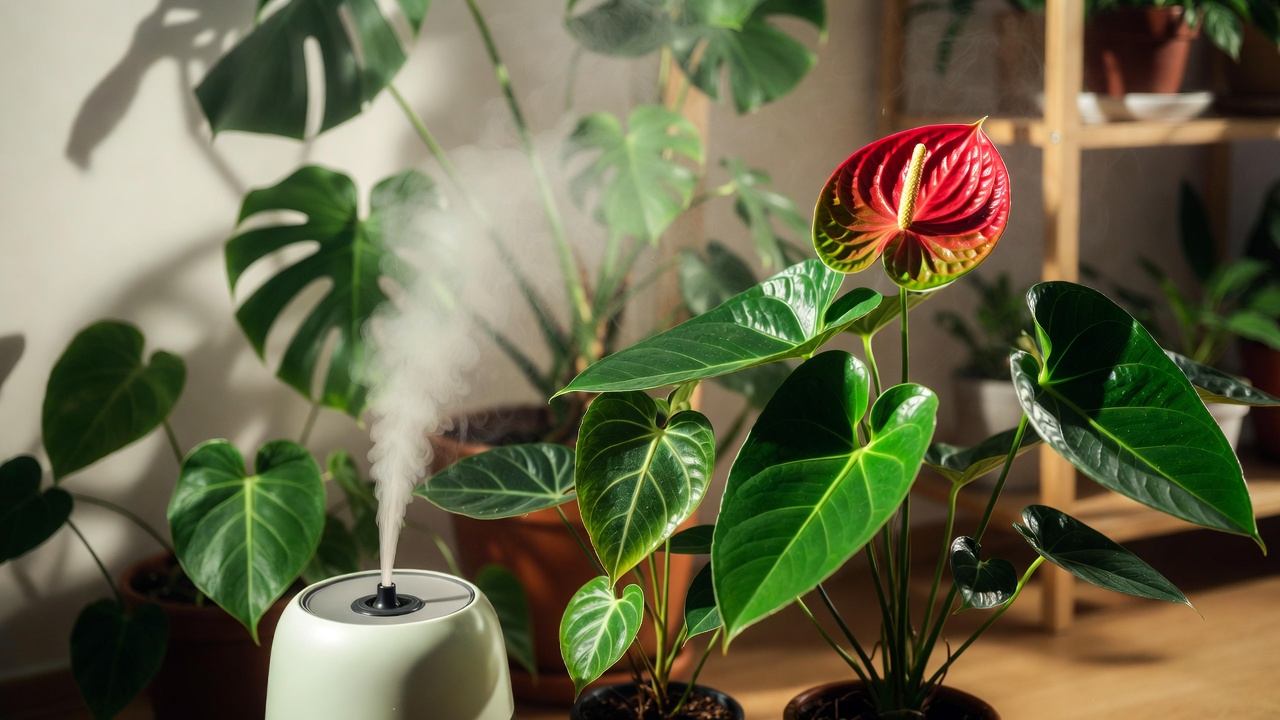 Anthurium veitchii growing indoors with humidifier for high humidity