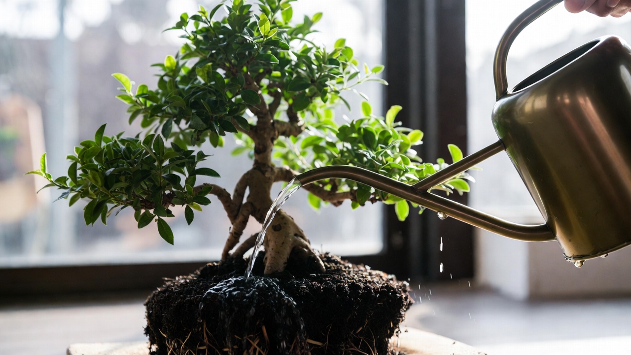 Watering bonsai in a pot using soak and drain method
