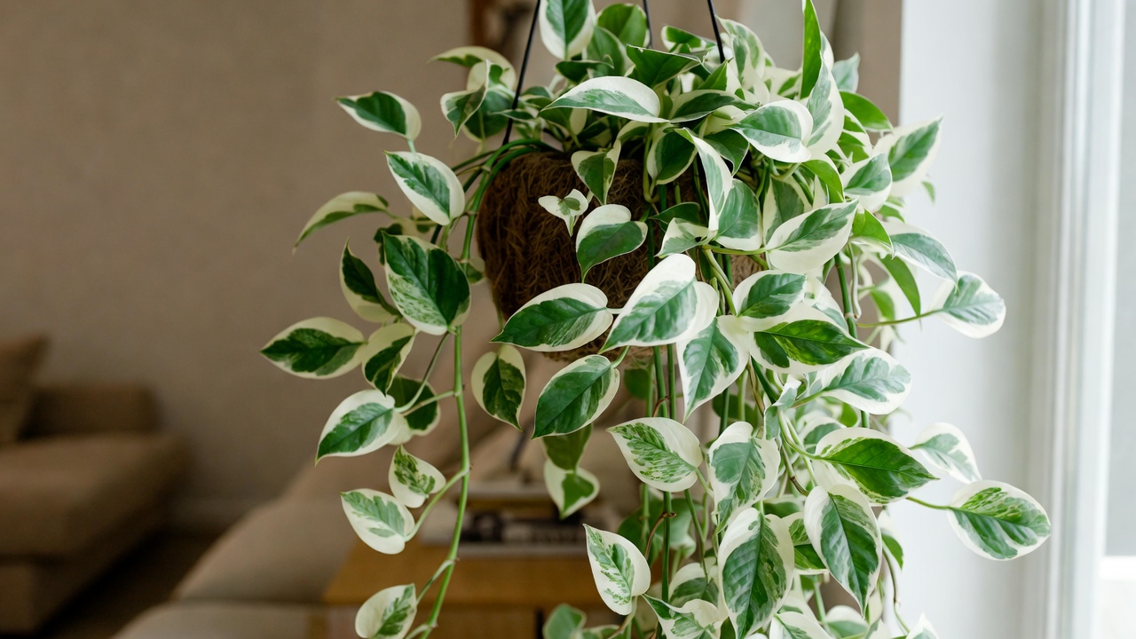 Mature pothos snow queen trailing in bright modern living room
