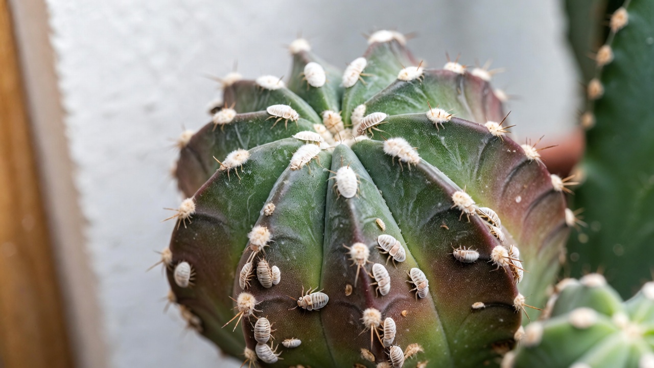 Close-up of mealybugs on coral cactus crest indoors
