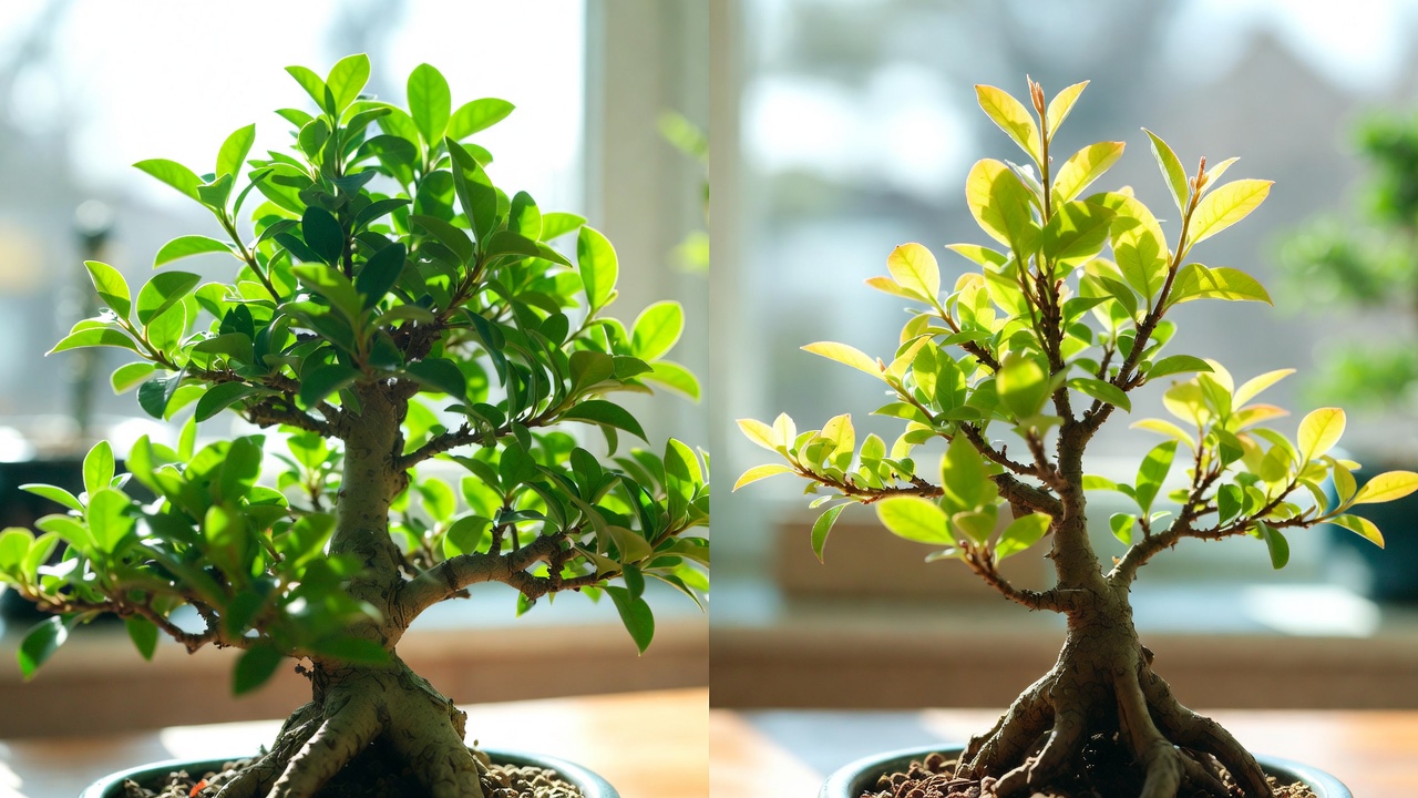 Healthy vs nutrient-deficient indoor bonsai tree comparison showing effects of proper bonsai fertilizer
