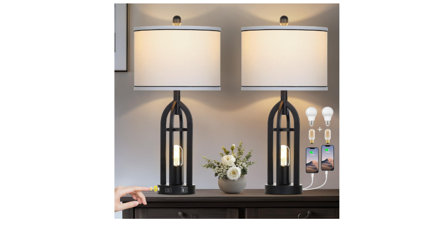 27" Black Table Lamp for Living Room,Black Table Lamps Set of 2 with USB & AC Outlet, 3-Way Dimmable Farmhouse Lamps for Night Stands, Vintage...