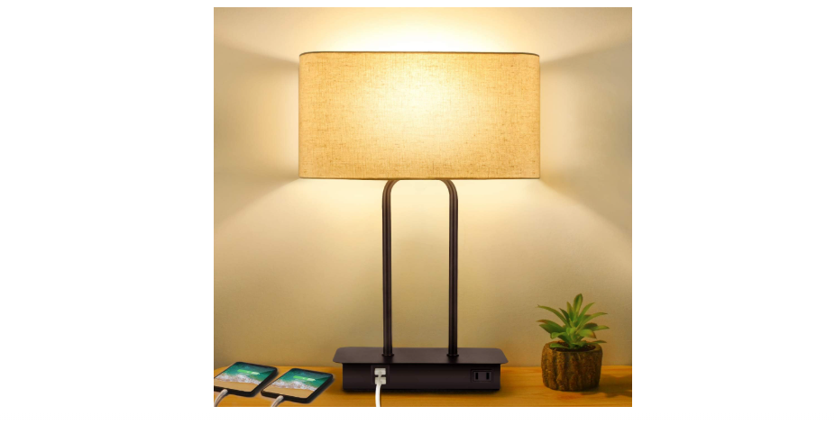 3-Way Dimmable Touch Control Table Lamp with 2 USB Ports and AC Power Outlet Modern Bedside Nightstand Lamp Fabric Shade and Metal Base for Guestroom...