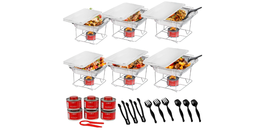 Alpha Living 6 Pack - Disposable Chafing Dish Buffet Set, Half Size Pans, Welded Body Food Warmers for Parties, Fuel Cans Complete Set, Warming Trays