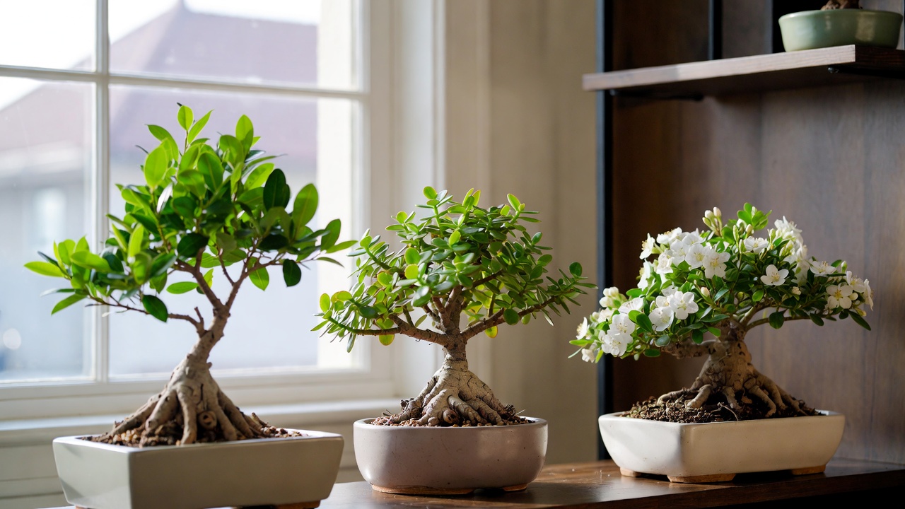 Different types of indoor bonsai trees including ficus jade and flowering bonsai