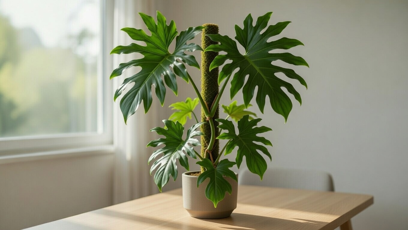 Large philodendron green climbing on moss pole indoors