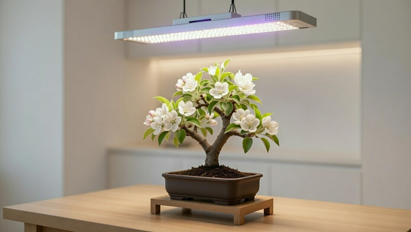 Bonsai apple tree growing under full-spectrum LED grow light indoors