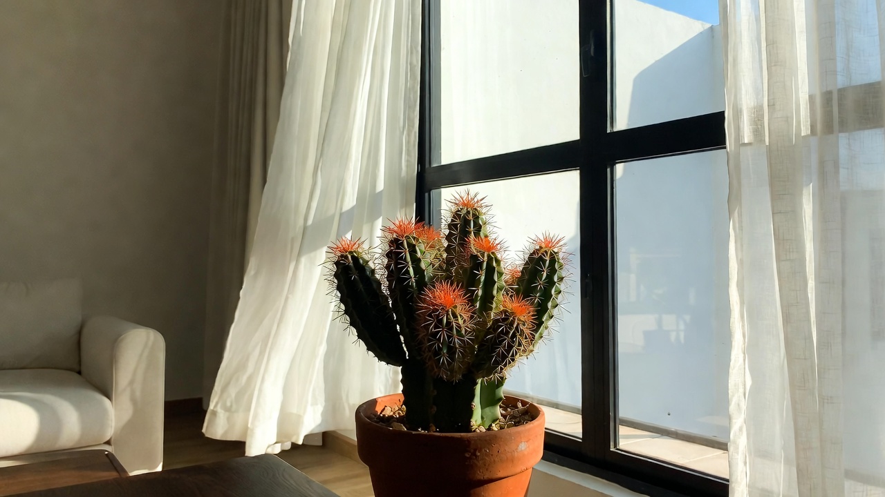 Coral cactus placed near bright indirect sunlight in a modern indoor space