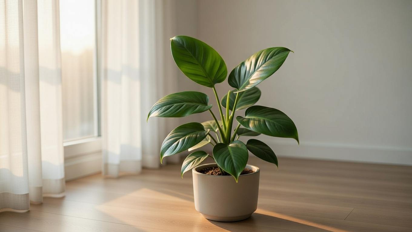 Philodendron Green Congo placed near a bright window with sheer curtains providing indirect light