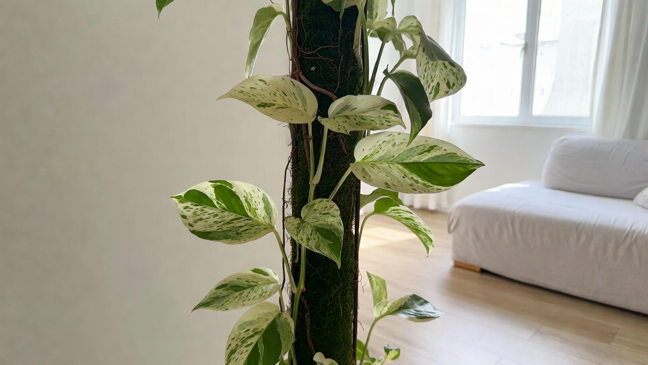 Pothos snow queen climbing moss pole indoors