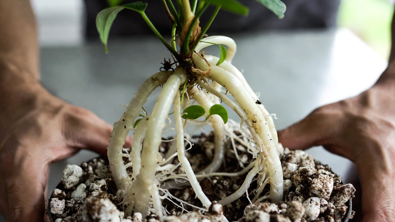 Healthy Anthurium warocqueanum roots during repotting process