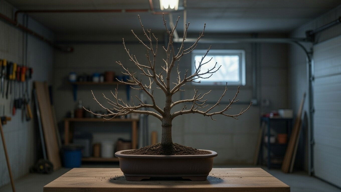 Leafless bonsai apple tree during winter dormancy indoors