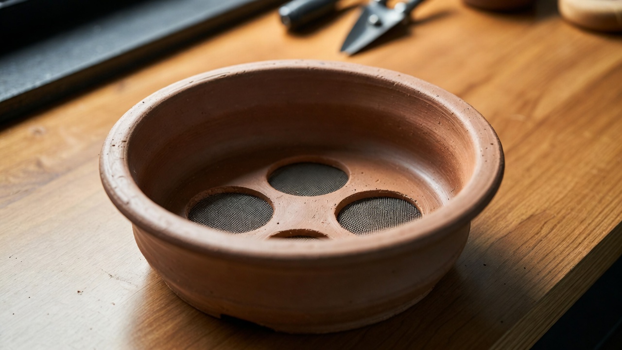 Shallow ceramic pot for bonsai in a pot with visible drainage holes and mesh screen