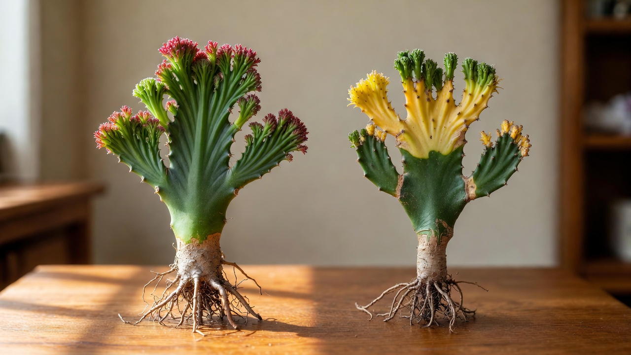 Healthy coral cactus next to overwatered coral cactus with yellowing base