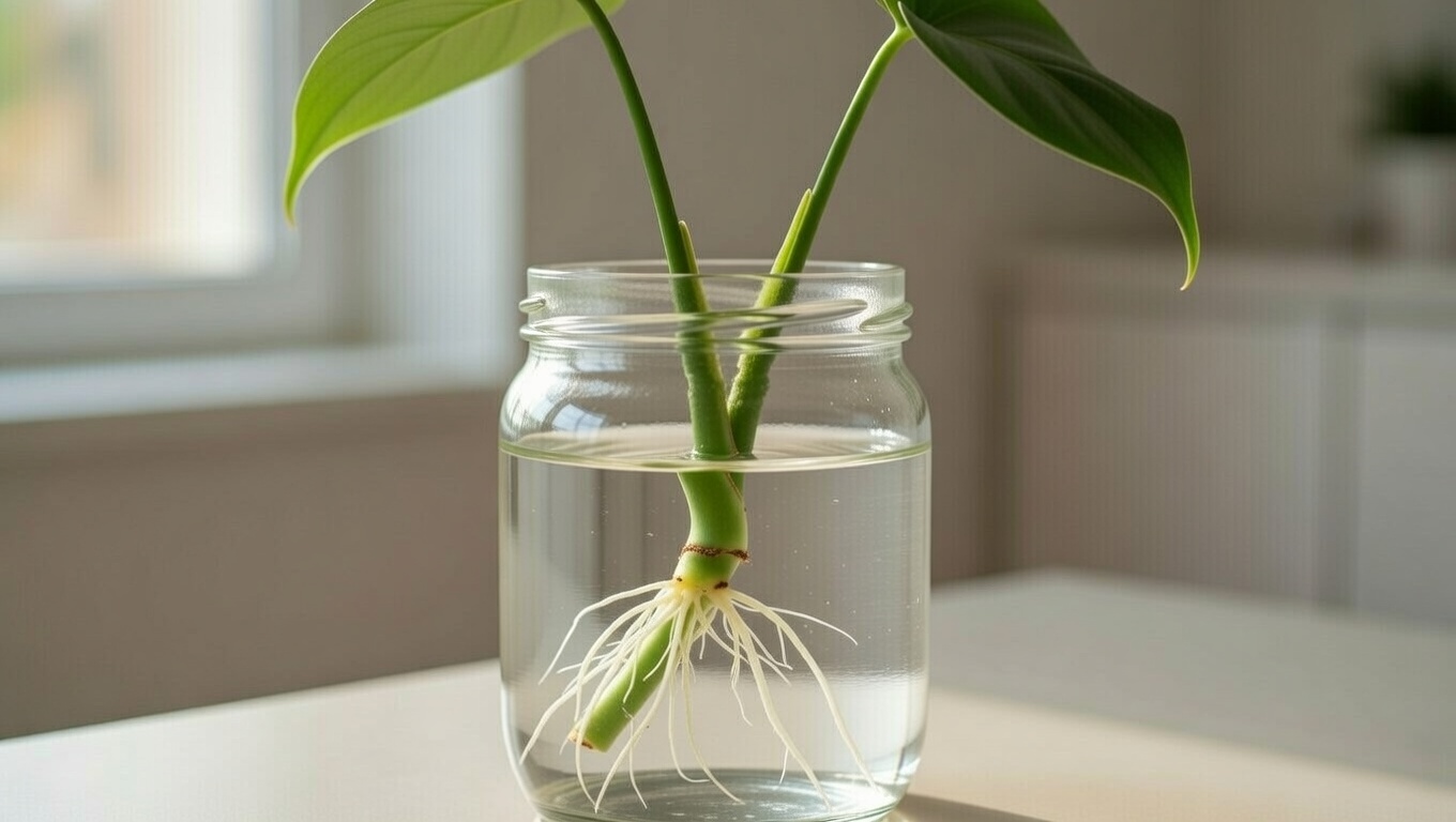 Philodendron green cutting rooting in water for propagation