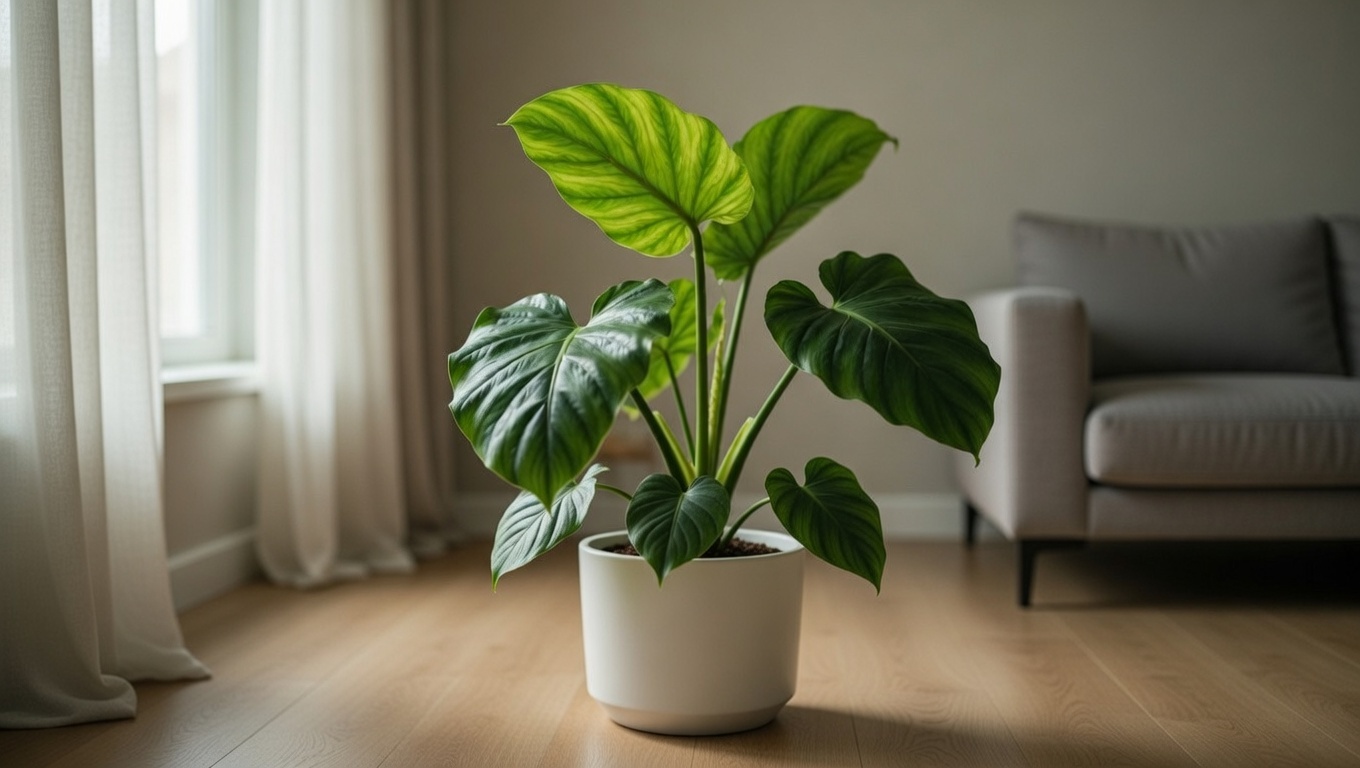 Healthy philodendron green plant with glossy leaves in bright indoor light