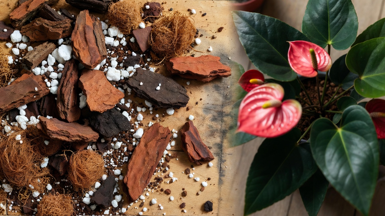 Chunky aroid soil mix for Anthurium veitchii with bark and perlite