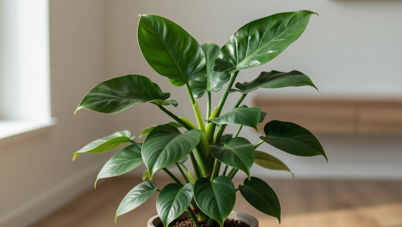Mature Philodendron Green Congo plant with large glossy green leaves growing upright indoors