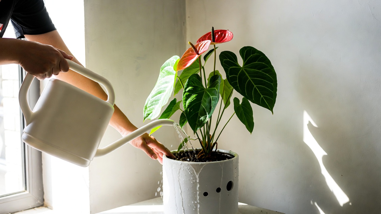 Watering anthurium clarinervium properly with drainage to prevent overwatering