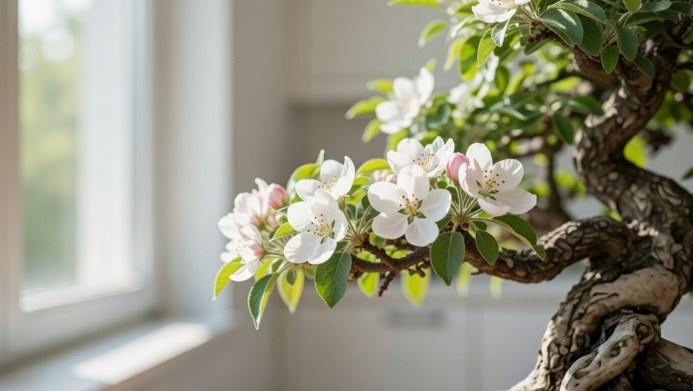 Close-up of apple blossoms on a bonsai apple tree indoors